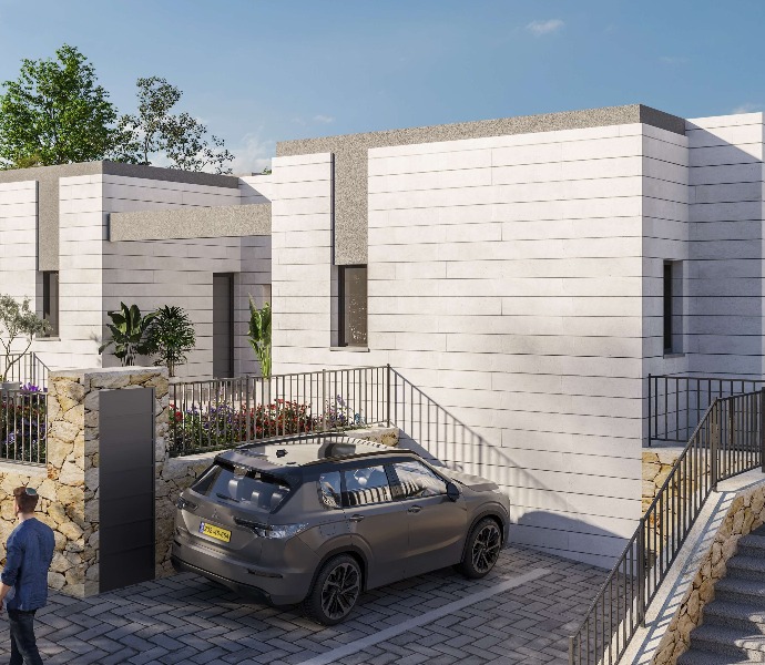 בתים עם גינות עם עצים וצמח מטפס על הקיר, מדרגות, מדרכה ומכוניות חונות